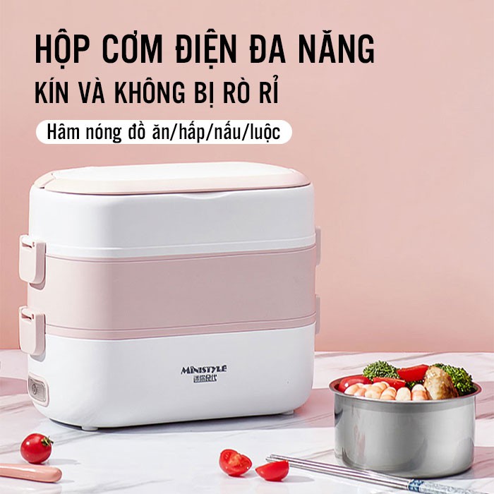 Hộp Cơm Cắm Điện Văn Phòng 3 Tầng 4 Bát Inox Có Chức Năng Giữ Nhiệt, Hâm Đóng Và Tự Nấu Chín Thức Ăn Cặp Lồng Điện VP