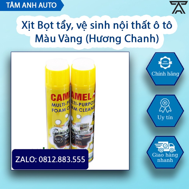 Chai xịt bọt vệ sinh đa năng nội thất, ghế da, trần nỉ ô tô CAMEL hương chanh (màu vàng) 650ml