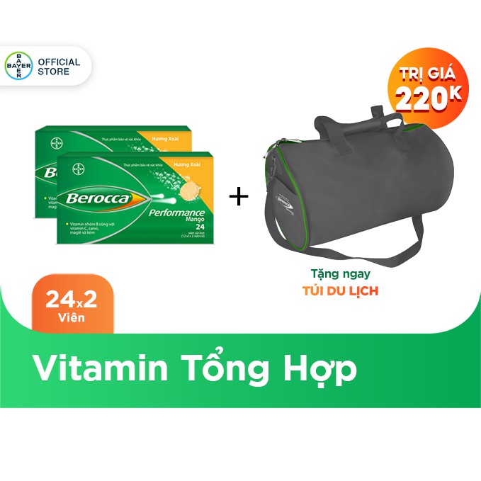 Bộ 2 hộp viên sủi bổ sung Vitamin Berocca Performance Mango 24 Viên/hộp - Tặng 1 túi trống du lịch Berocca