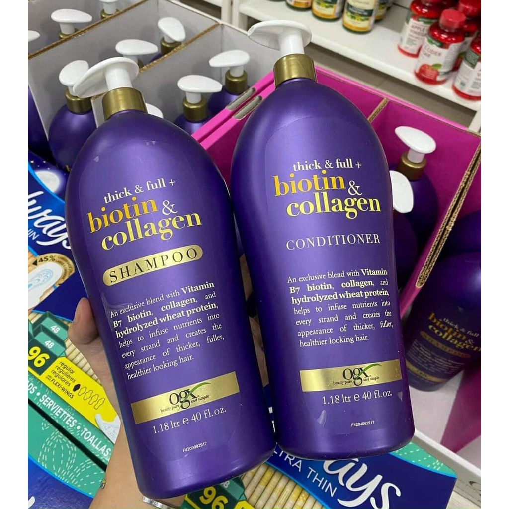Set Gội Xả Biotin OGX 1.18l - Bộ Dầu Gội OGX Thick Full Biotin & Collagen Shampoo 1,18L