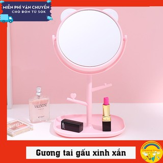 Gương công chúa tai gấu xinh xắn xoay 360 độ kèm đế để đồ