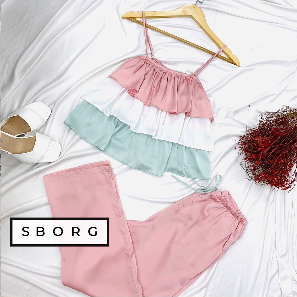 Đồ bộ mặc nhà SBORG bộ pijama nữ 2 dây lụa latin áo 3 tầng bèo cute phối quần dài có túi freesize dưới 60kg quà tặng vợ