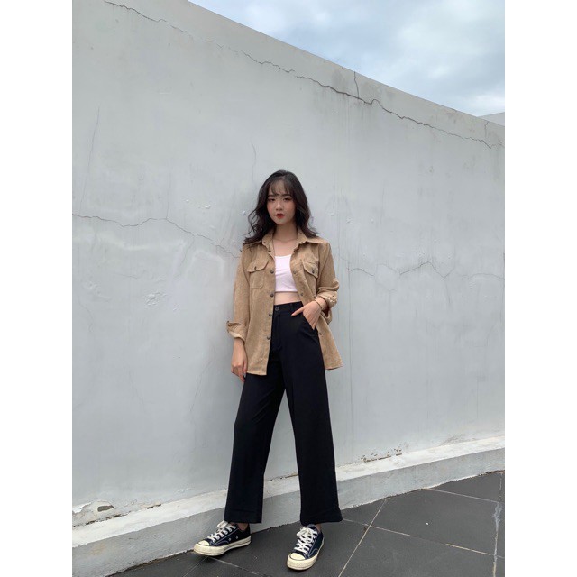 [Mã FAMARAL1 giảm 10K đơn 50K] Quần ống suông culottes cài nút đen (Hàng có sẵn).