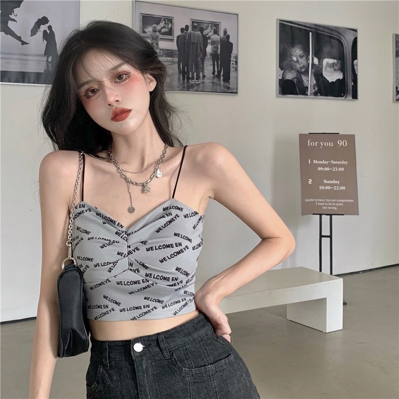 Áo hai dây ZHELIHANGFEI họa tiết chữ in thời trang dành cho nữ