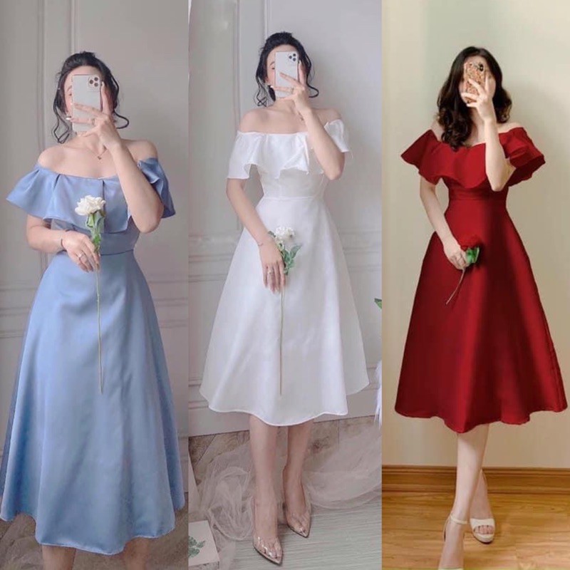 Đầm dự tiệc xoè bẹt vai bèo tròn 3 màu