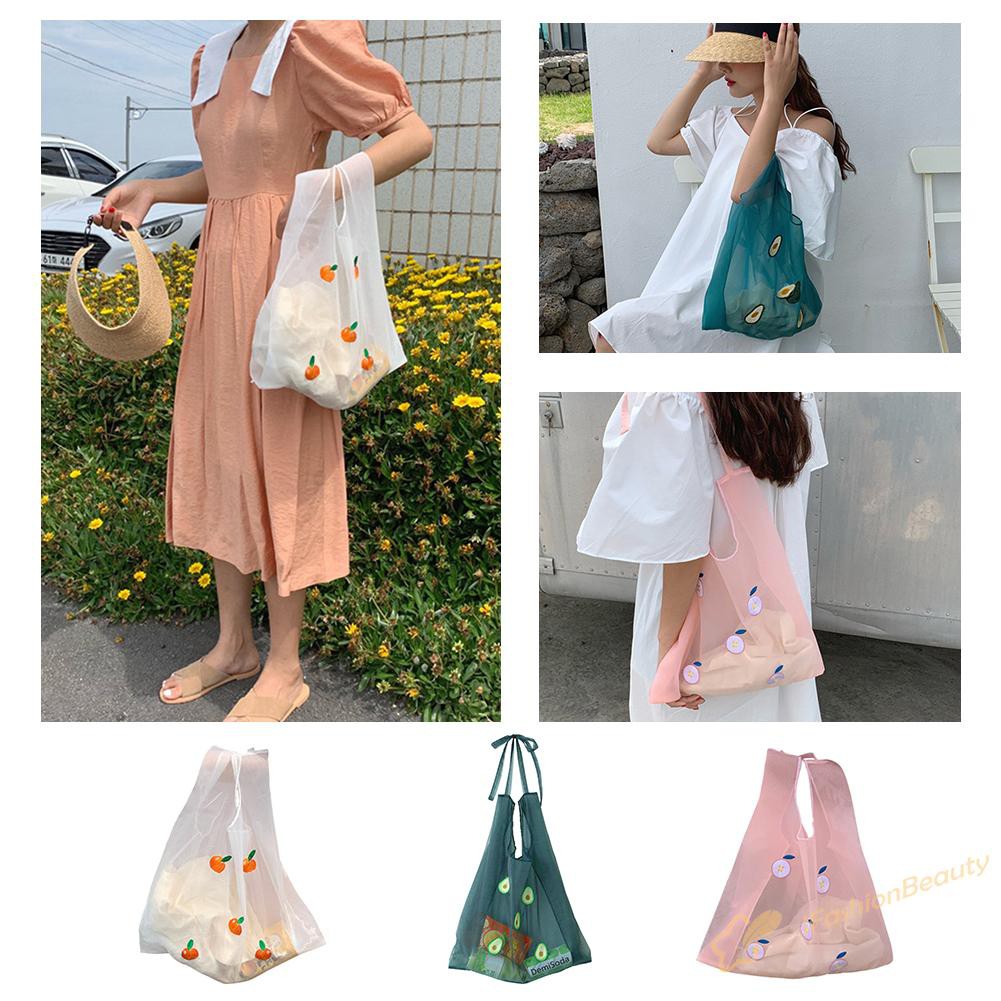 Women Organza Transparent Tote Fruit Embroidery Korean Shopping Handbags 