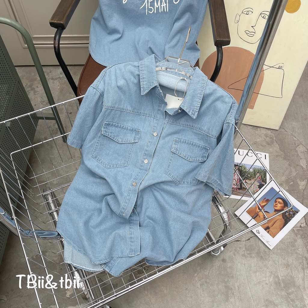Áo sơ mi jean bò cộc tay dáng rộng cá tính, áo bò nữ tay ngắn có túi ngực