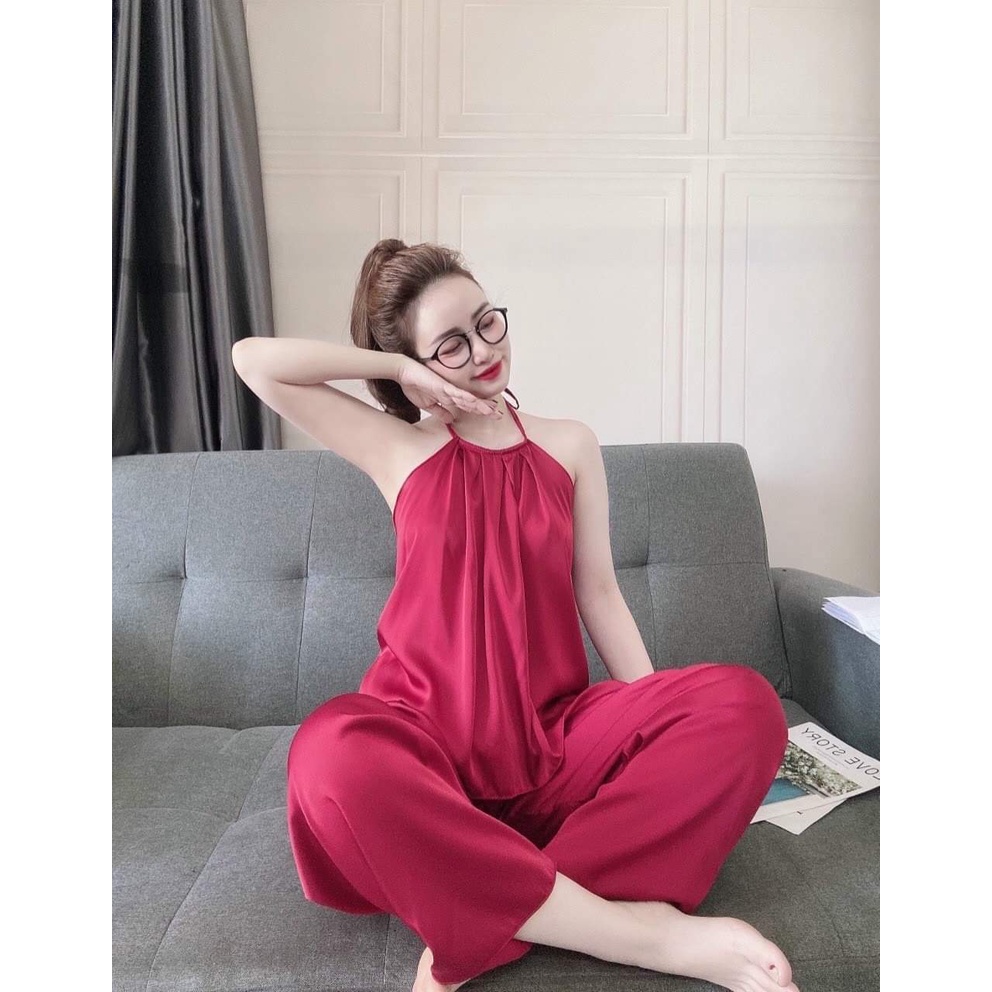 Bộ mặc nhà cổ yếm quần dài chất lụa satin, đồ ngủ sexy gợi cảm, chất vải đẹp, phom dưới 55kg