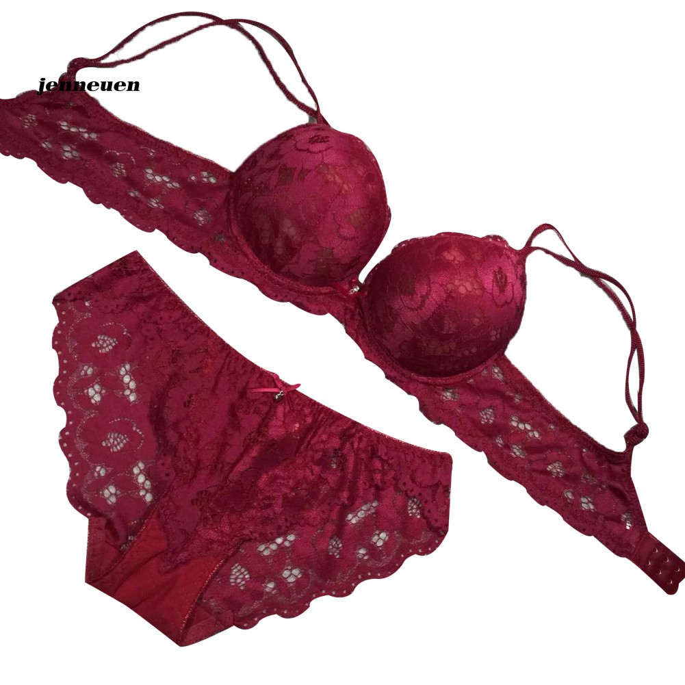 Set Áo Lót + Quần Lót Màu Trơn Phối Ren Hoa Quyến Rũ Cho Nữ