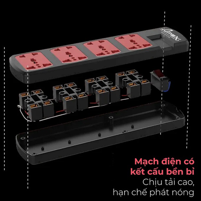 Ổ điện cao cấp Sunhouse 8 lỗ cắm OC5-4RD, ổ cắm điện chịu tải dây dài 4,5m - Bảo hành chính hãng