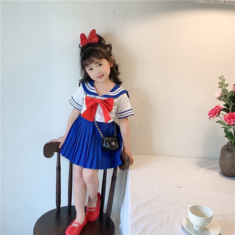 Set đồng phục LUCKYCANDY gồm áo kiểu tay ngắn cổ thủy thủ và chân váy xếp ly lưng cao thời trang mùa hè mới cho bé gái