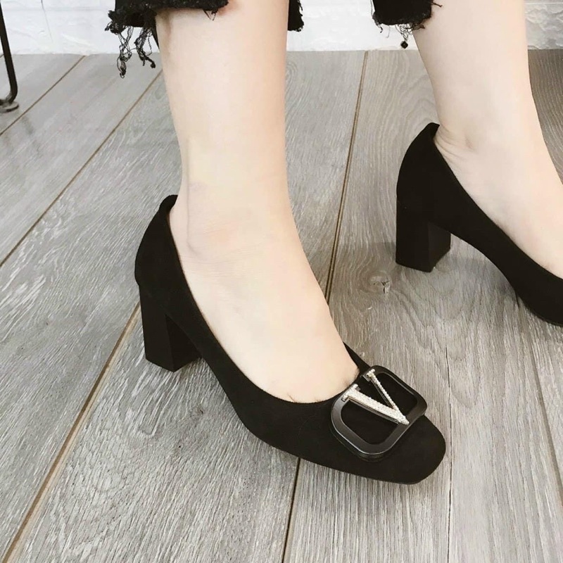 Giày gót vuông công sở da lộn nơ V đá nhí