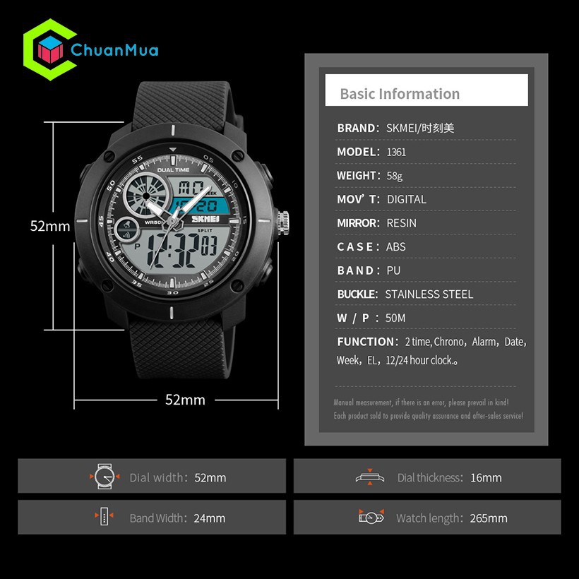 Đồng Hồ Nam Điện Tử Skmei 1361 4 Vạch Kim Điện Tử DHA521