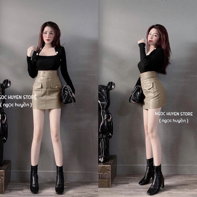 Set chân váy da phối áo len kiểu zip cổ vuông cúc V218 chuẩn form AĐ BOUTIQUE
