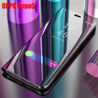 Ốp điện thoại nắp lật tráng gương mạ điện có chức năng giá đỡ cho OPPO Reno5