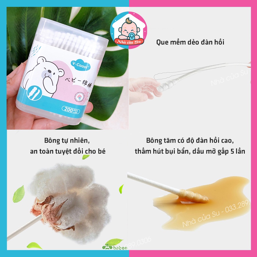 Tăm bông cho bé sơ sinh V-Cool Hộp 200 que ngoáy tai, mũi Nhà của Su