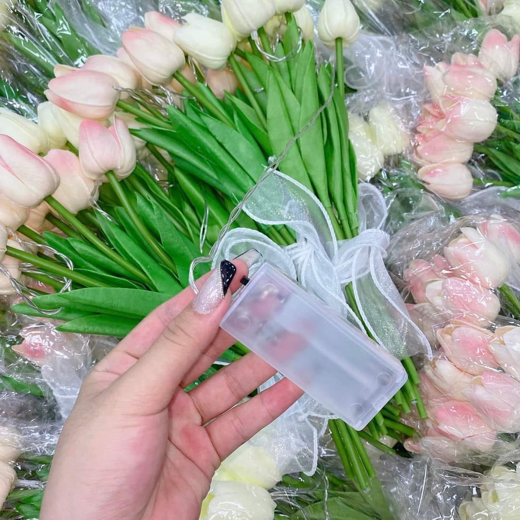 Bó 10 cành hoa tuylip đèn led -Hoa phát sáng, hoa lụa giả kèm nơ xinh Decor trang trí nhà cửa siêu xinh