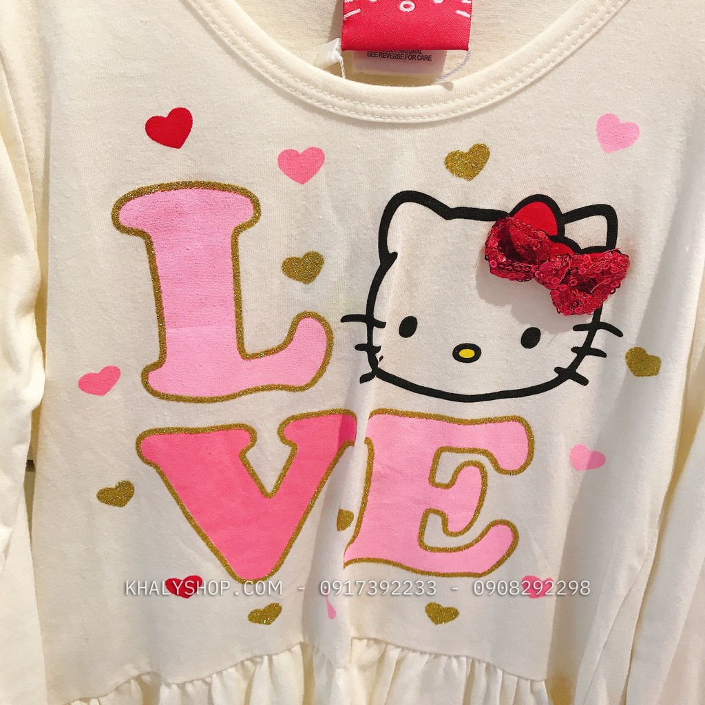 Áo tay dài trẻ em hình mèo Hello Kitty Love màu trắng kem phối bèo size S (6X) cho bé gái 6 tuổi (Mỹ US-UK) - ATTDKT04