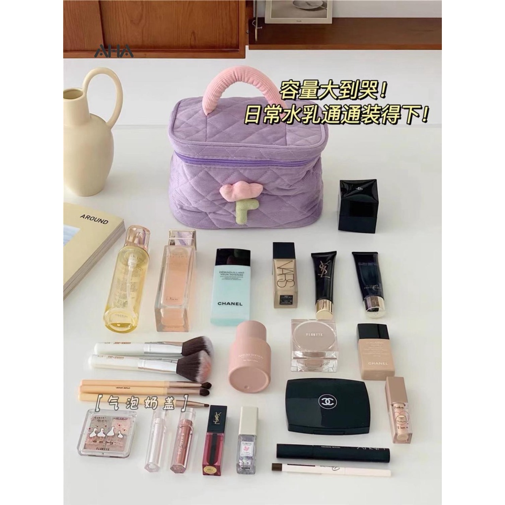 Túi nhung AHA OFFICIAL đựng mỹ phẩm sức chứa lớn họa tiết hoa dễ thương cao cấp