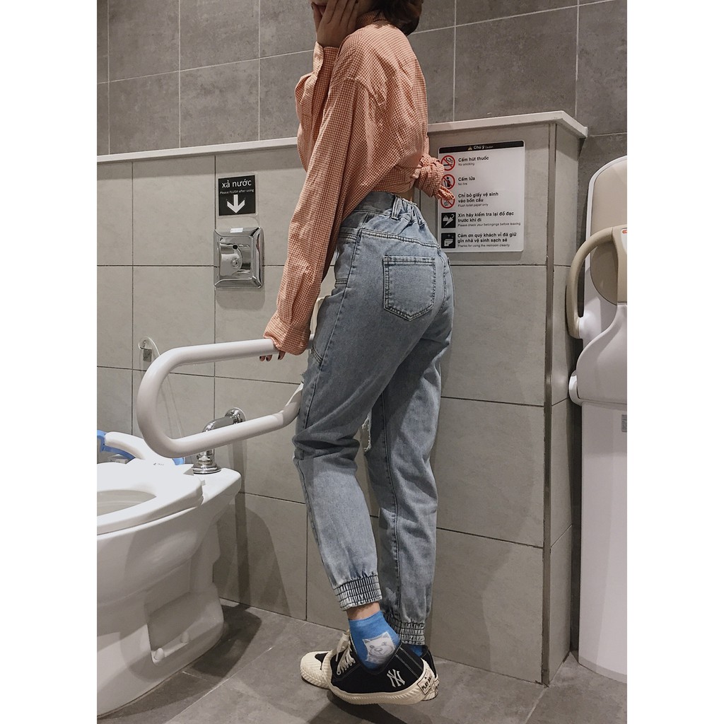Quần Jeans Nữ Cạp Cao Dáng Jogger Bo Gấu Rách Siêu Hot