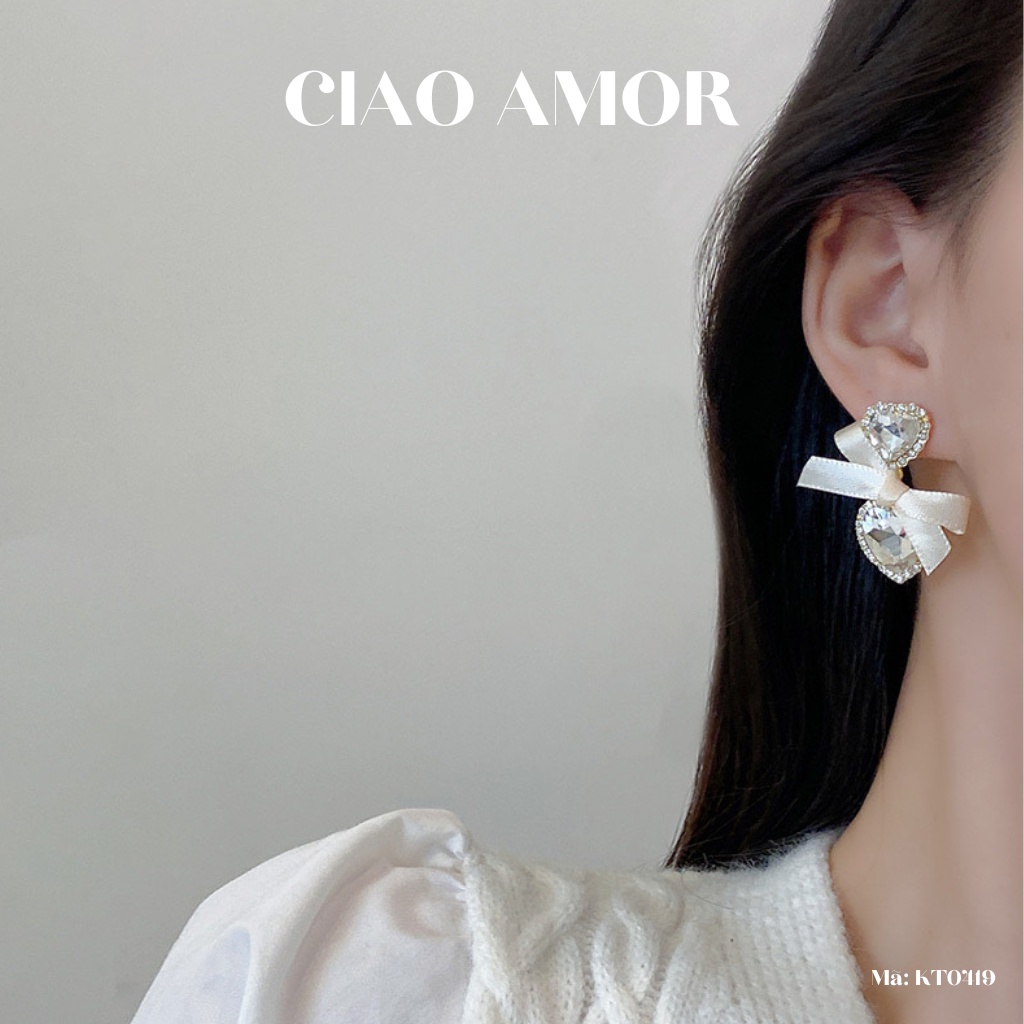 KT0419-Khuyên tai nữ, Bông tai nữ nơ dài trái tim đá to tiểu thư dự tiệc Trang sức Ciao Amor