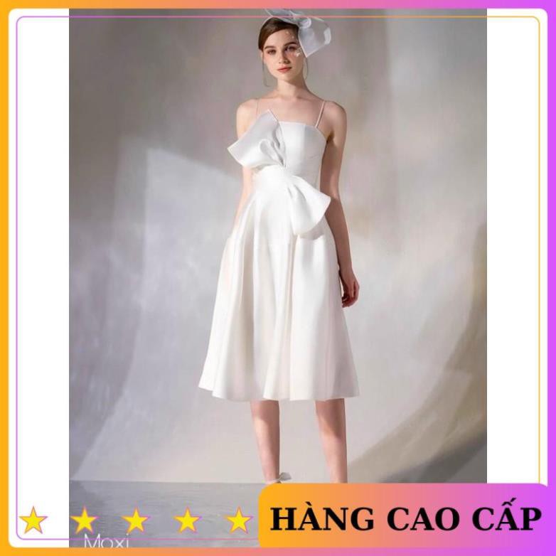 [HÀNG CAO CẤP] Đầm trắng hai dây xoè phi lụa sang trọng dự tiệc dạ hội - MN46