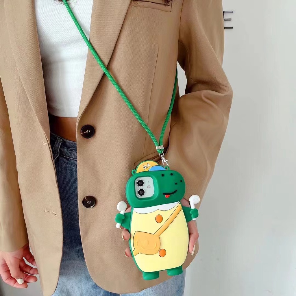 Ốp Điện Thoại Mềm Chống Sốc Hình Khủng Long Hoạt Hình Có Dây Đeo Cho iPhone 6 7 8 Plus X XS XR 11 12 13promax Plus