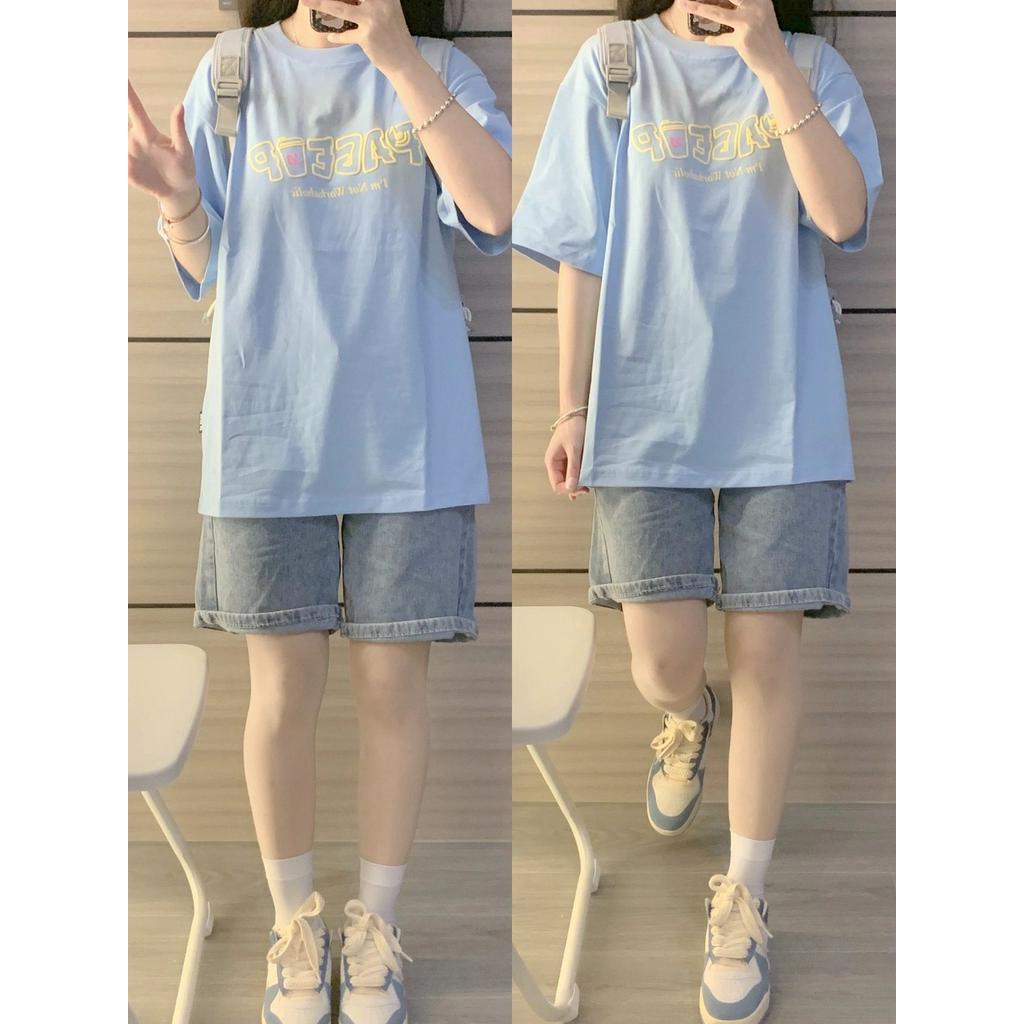 62193 Áo Thun Tay Ngắn Màu Xanh Nguyên Chất Cotton