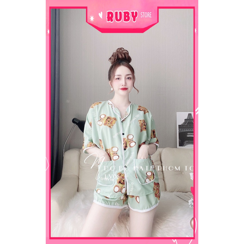 [Phom 60kg] Đồ bộ nữ mặc nhà phom to chất kate mềm mát in gấu in hoạt hình dễ thương LV05