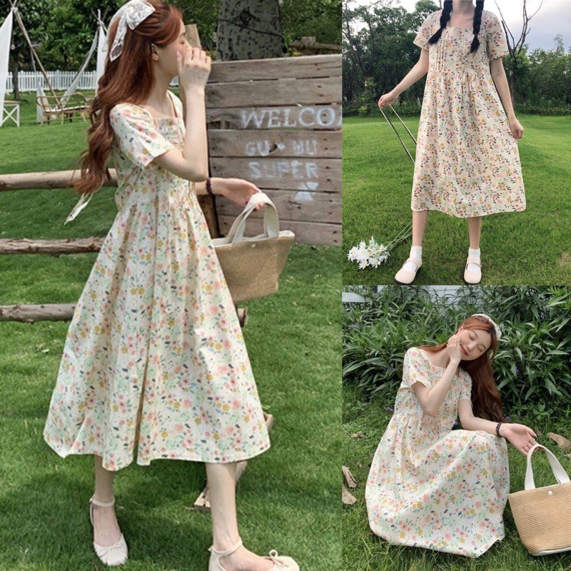 Váy hoa nhí vintage dáng babydoll đầm xếp li ngực có dây đai buộc eo thon gọn