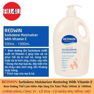 Redwin sorbolene moisturiser with vitamin e 500ml & 1l - kem dưỡng thể làm mềm mịn sáng da toàn thân.