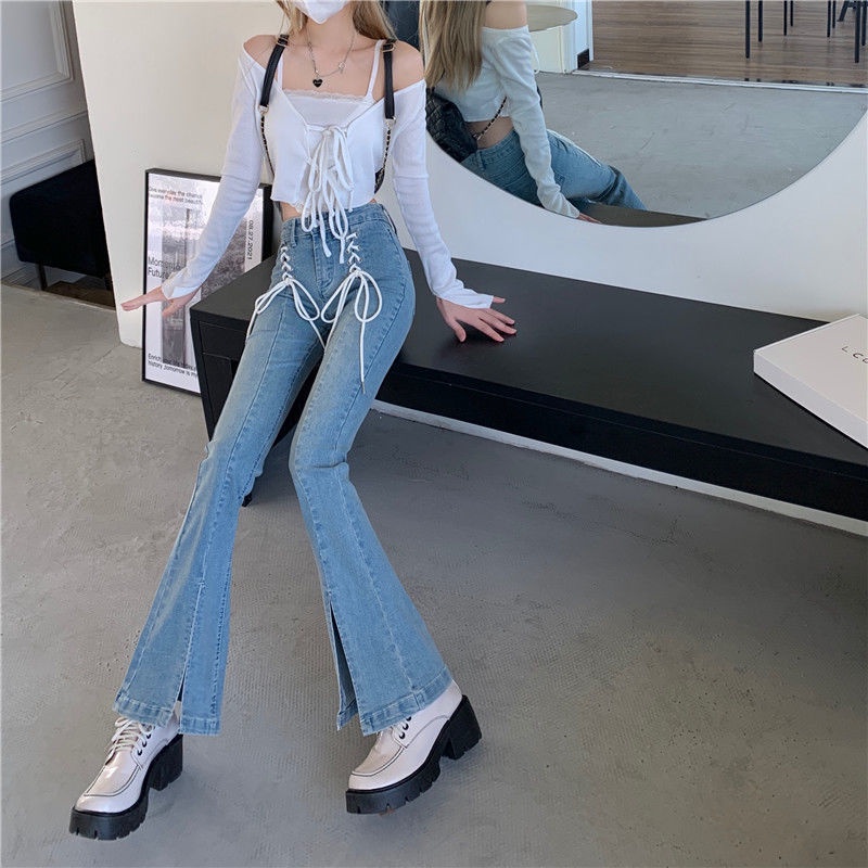 IELGY Quần Jean Ống Loe Lưng Cao Ôm Dáng Xẻ Tà Thời Trang Cho Nữ