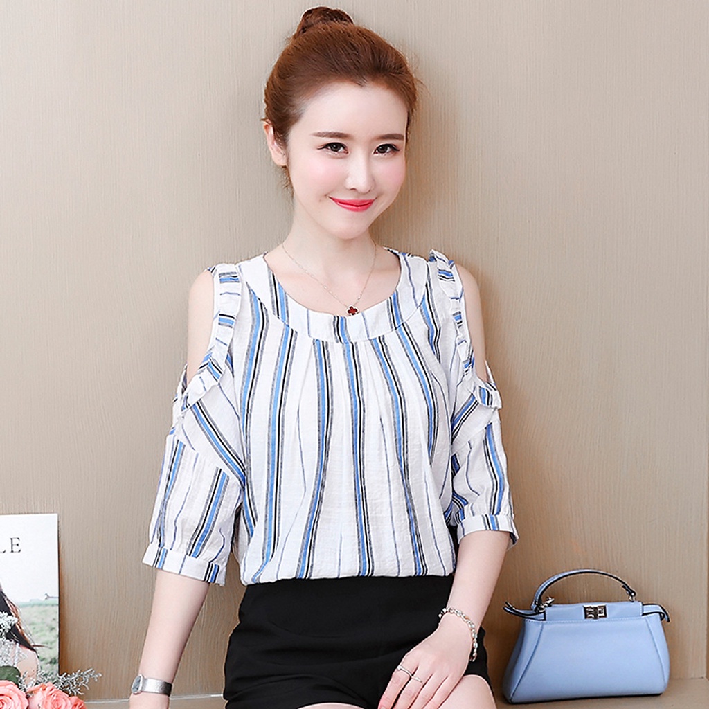 (TỔNG KHO LÂM ANH CHUYÊN SỈ) Áo kiểu nữ kẻ sọc trễ vai điệu đà