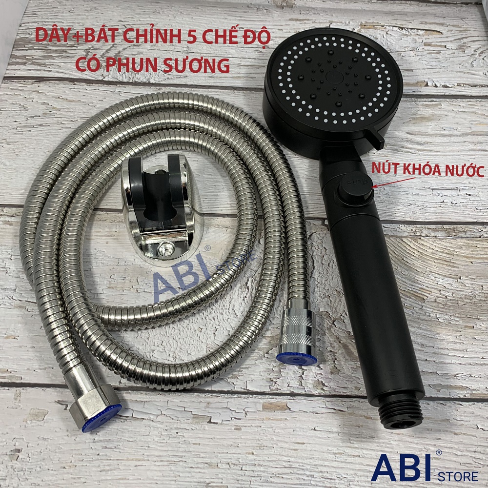 Bộ dây bát sen chỉnh 5 chế độ nước màu đen BT04 cao cấp, vòi hoa sen có nút khóa nước