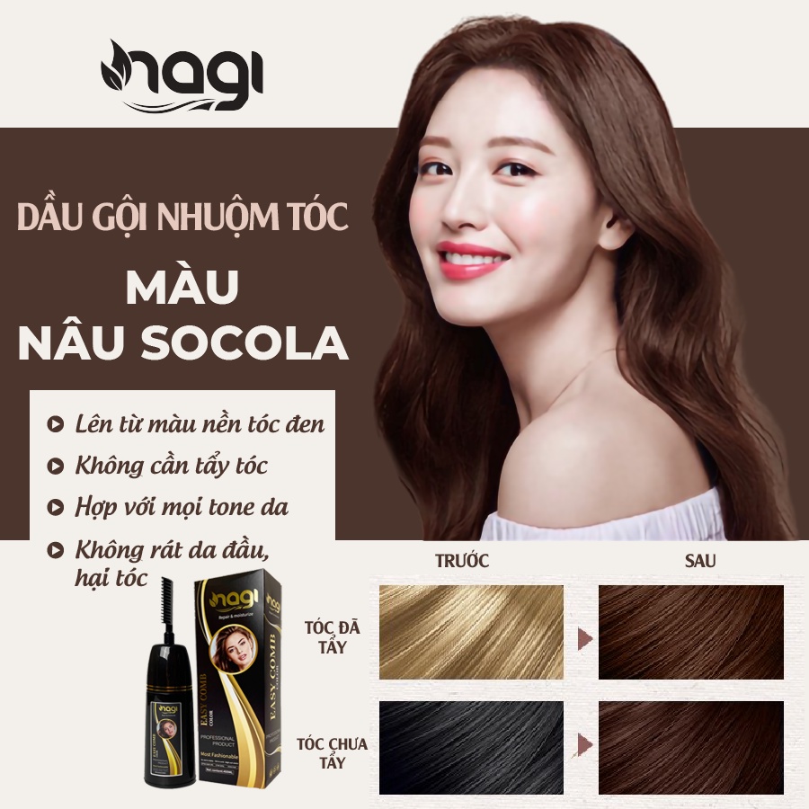 Dầu gội nhuộm tóc thảo dược màu Nâu Socola Nagi Chocolate Brown 07 chiết xuất từ thiên chiên chai 400ml