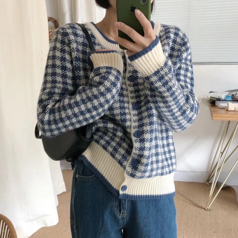 Áo khoác cardigan PURE CUBE cổ tròn họa tiết kẻ sọc ca rô nhiều màu sắc tùy chọn thời trang thu đông cho nữ