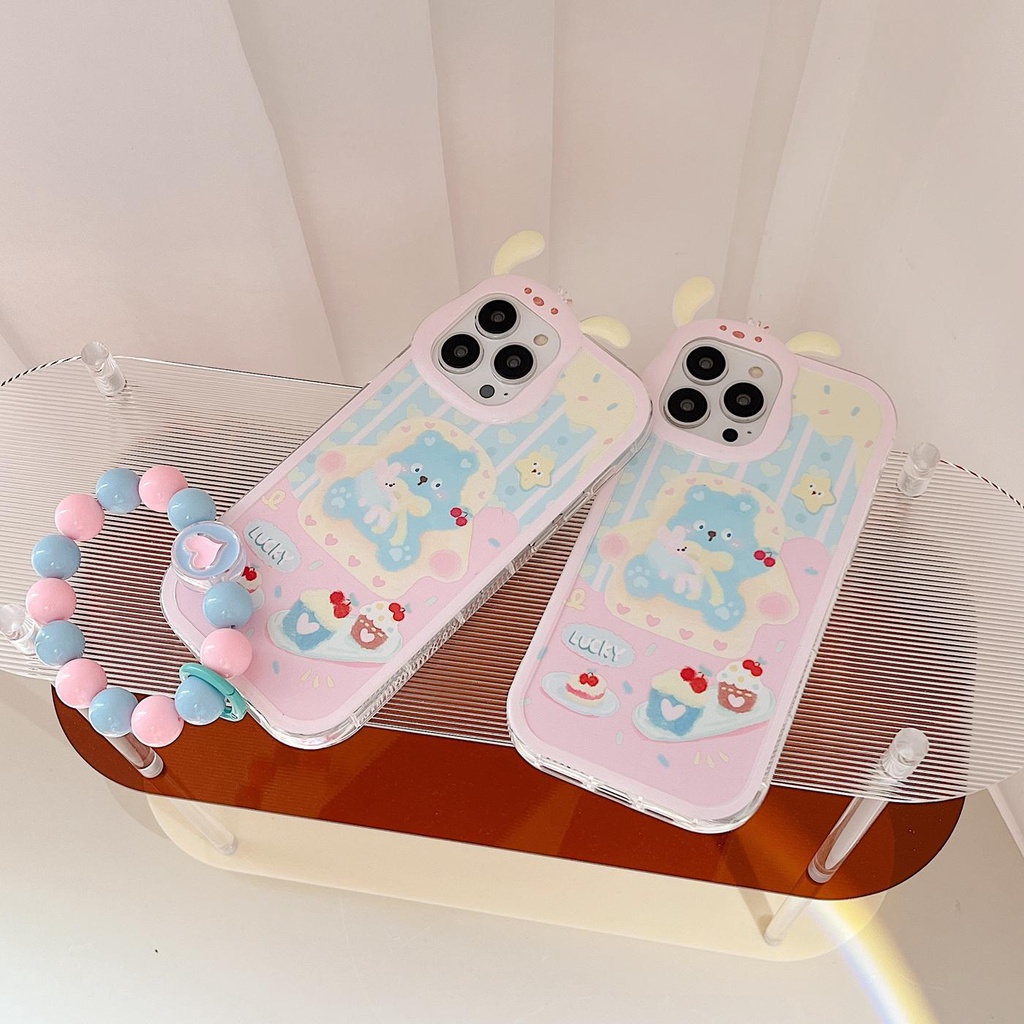 Ốp Điện Thoại TPU Silicon Mềm Chống Rơi Hình Gấu / Bánh Kem 3D Có Dây Đeo Ngọc Trai Cho iphone 13 12 11 Pro XS Max XR