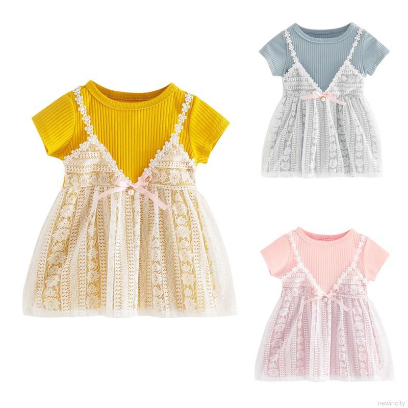 Đầm tutu tay ngắn giả 2 mảnh phối ren thời trang công chúa mùa hè cho bé gái