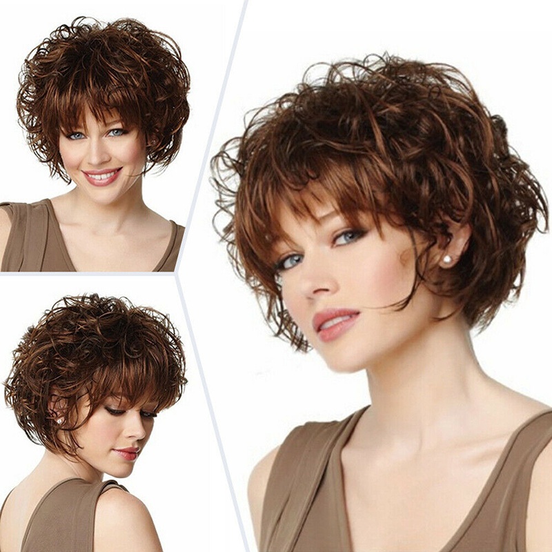 Fashion Women Lady Short Curly Wig Brown Wavy Hair Natural Neat Bang w/ Rose Net ☆MeetSellMall