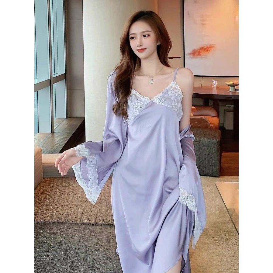 Hantu Sleepwear-Set áo choàng kèm váy ngủ lụa dáng dài qua gối phối ren trắng mặc nhà sang trọng-Màu xám lông chuột