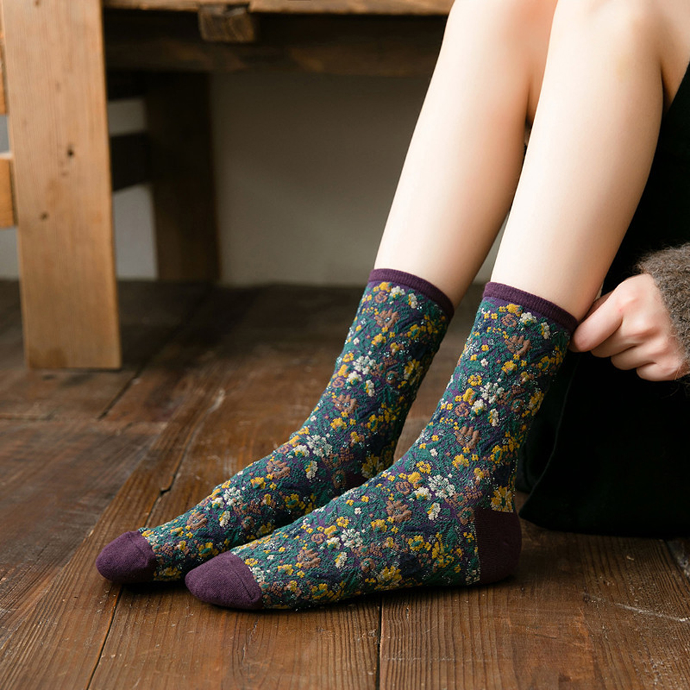 Đôi Vớ Cotton Dài In Họa Tiết Hoa Phong Cách Hàn Quốc Cho Nữ