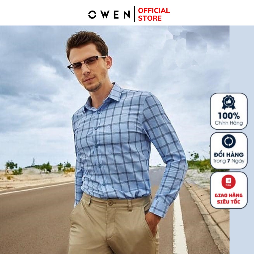 Áo sơ mi nam dài tay OWEN AR20962DT somi công sở vải café cao cấp màu kẻ caro xanh nhạt dáng suông tà lượn có túi