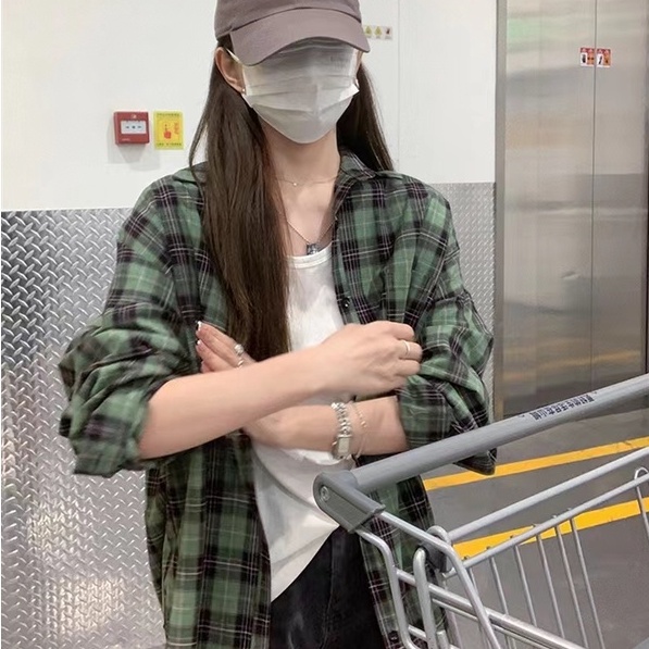 【ZHELIHANGFEI】Áo Sơ Mi Tay Dài Cổ Bẻ Form Rộng Họa Tiết Sọc Caro Phong Cách Mỹ