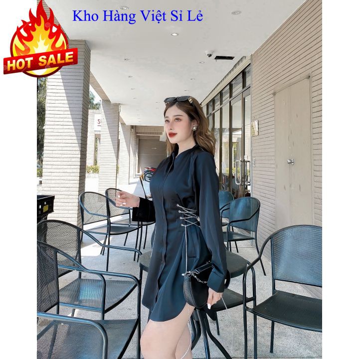 Đầm Váy Nữ Hot Trend Cá Tính Body Rút Dây Cổ Sơ Mi Cài Nút Thật Thời Trang Outfit Độc & Lạ Màu Đen Đỏ