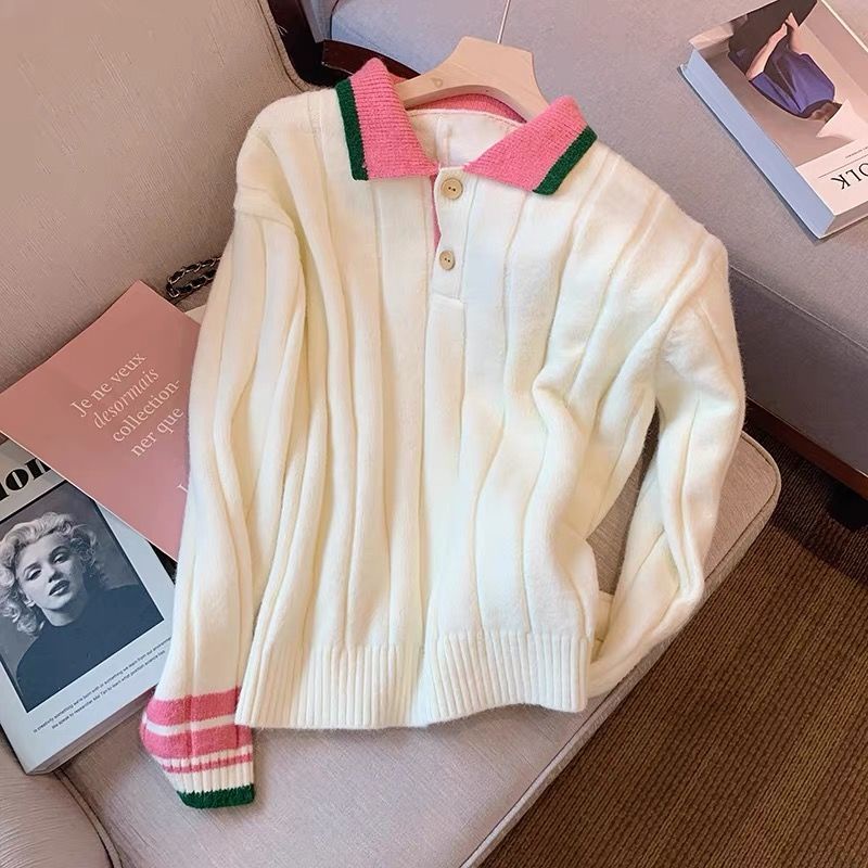 Áo Sweater Dệt Kim Cổ Polo Màu Sắc Tương Phản Thời Trang Thu Đông Cho Nữ