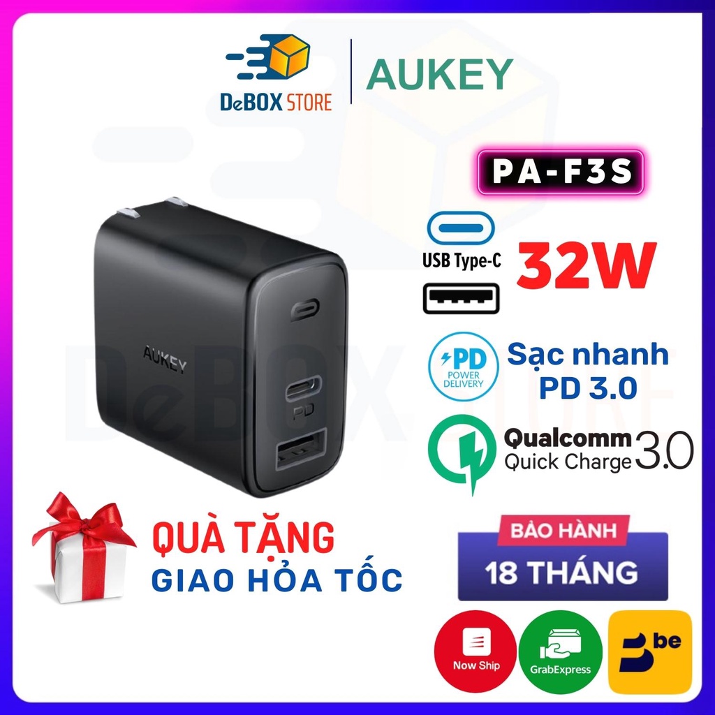 【Giao Hỏa Tốc】Củ Sạc Siêu Nhanh AUKEY 2 Cổng PA-F3S 32W, Cổng Type C Power Delivery 20W, Cổng USB-A 12W - Chính Hãng