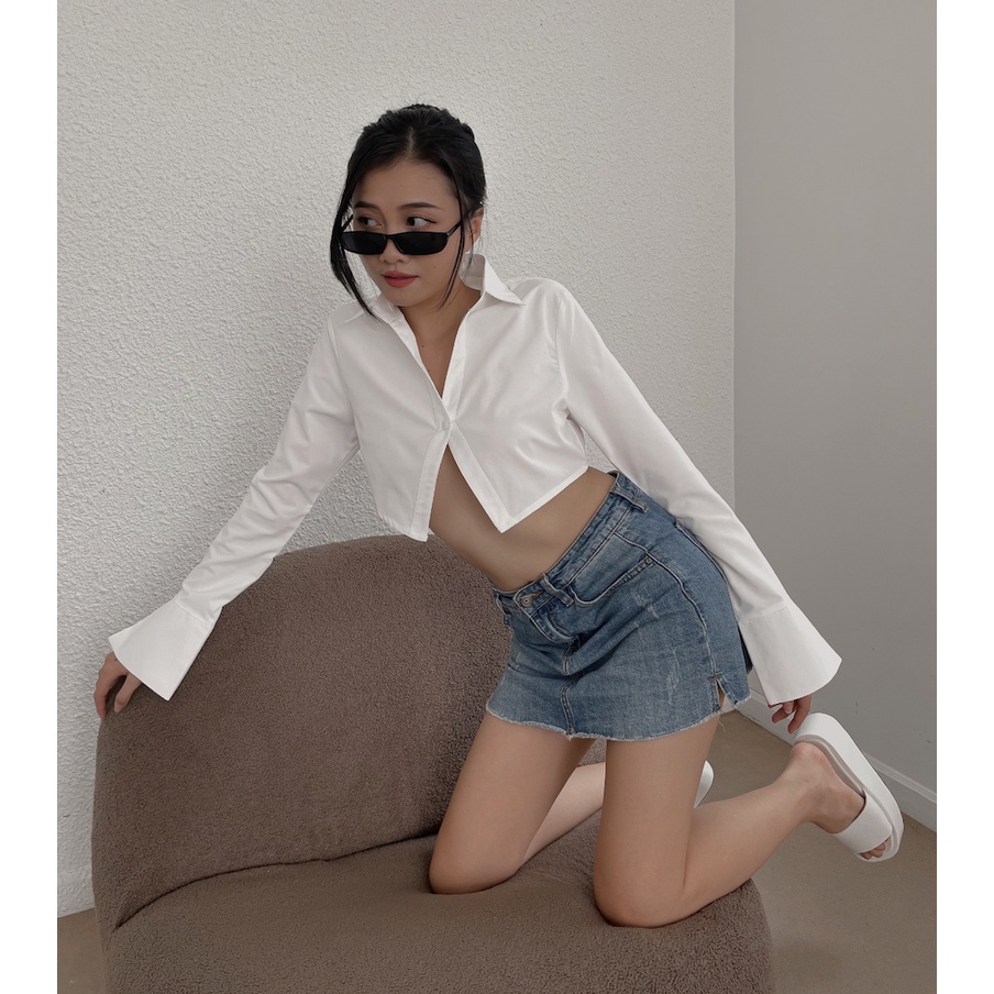 Áo sơ mi trắng tay dài Gem Crop Shirt - Áo sơmi trắng croptop