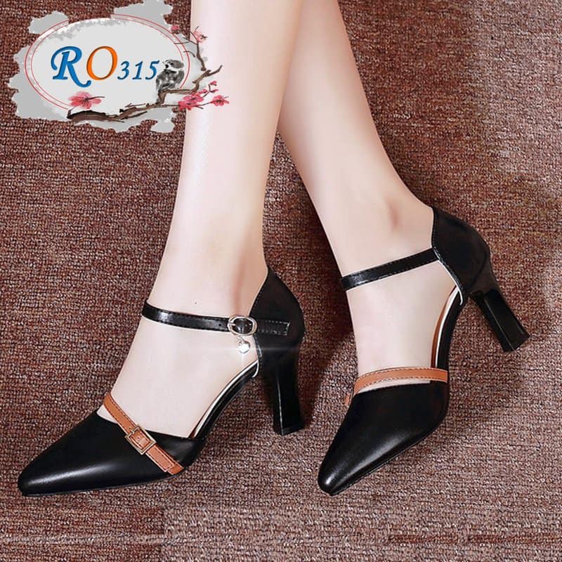 Giày sandal nữ cao gót 6p hàng hiệu rosata đẹp hai màu đen kem ro315