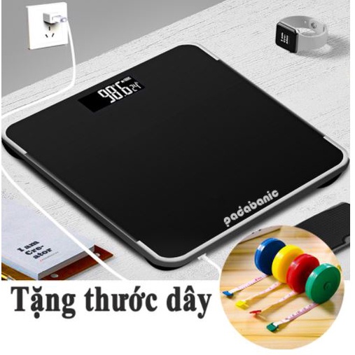 Cân điện tử sạc USB Padabanic, Cân sức khỏe gia đình chuẩn xác có hiện thị nhiệt độ phòng,tặng kèm dây đo