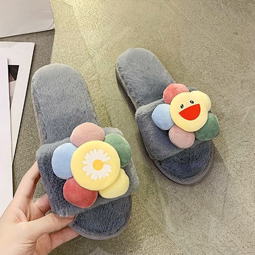 Dép lông thỏ Hoa mặt cười, siêu êm chân, dạng bánh mì quai ngang, mang trong nhà, văn phòng
